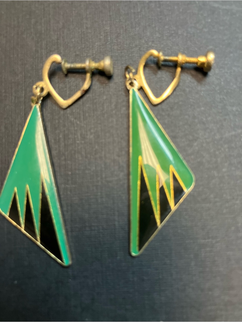 Art Deco 1960s Gold-Tone Green and Black Geometric Drop Earrings